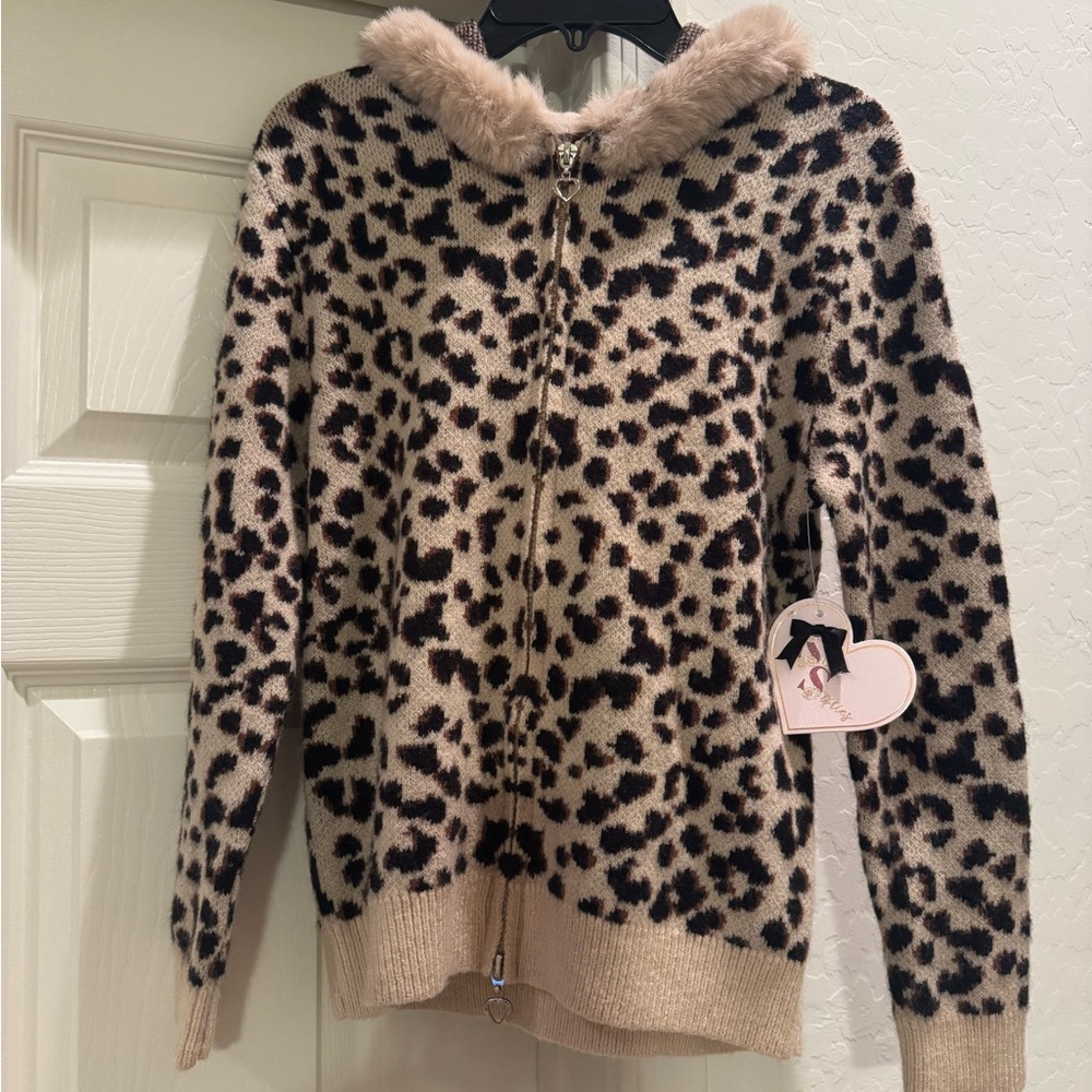NWT Beautiful SWEET STORIES GIRL LEOPARD PRINT SWEATER JACKET WITH HOOD SIZE LG